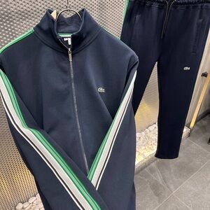 Lacoste Navy Tracksuit with Green & White Stripe Trim
